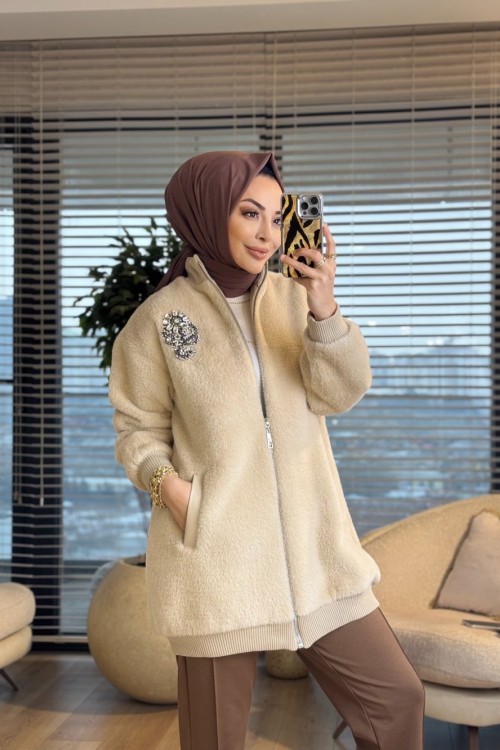 1450 Angora Broşlu Kap Bej