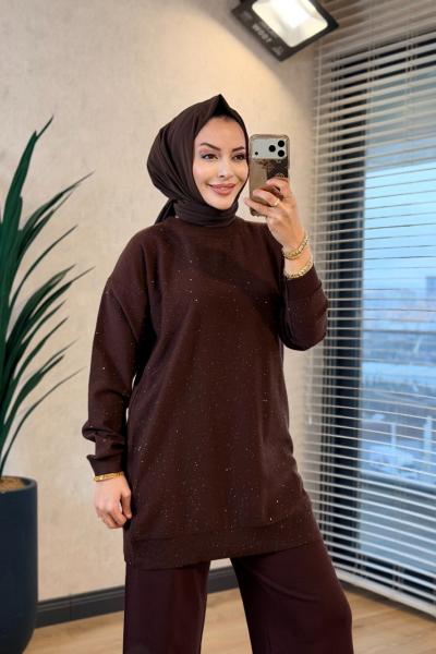 145117 Pul Detaylı Triko Tunik Kahve