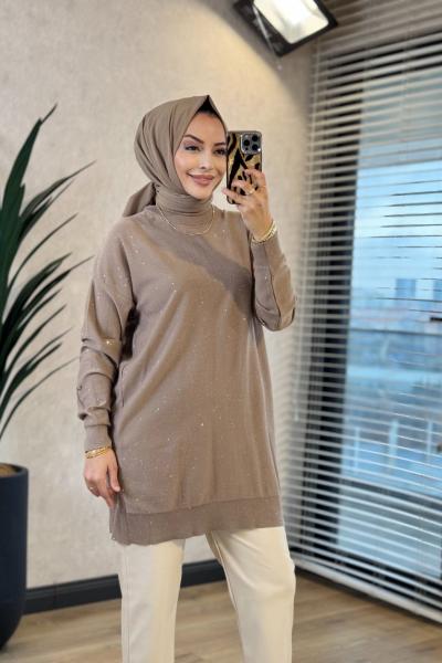 145117 Pul Detaylı Triko Tunik Vizon