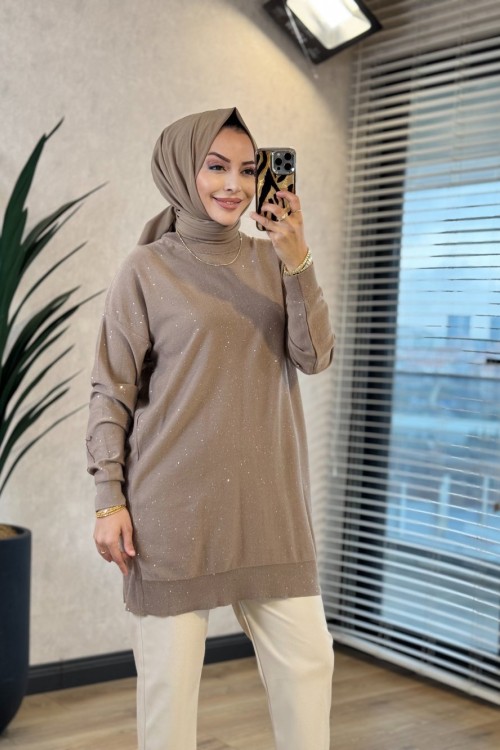 145117 Pul Detaylı Triko Tunik Vizon