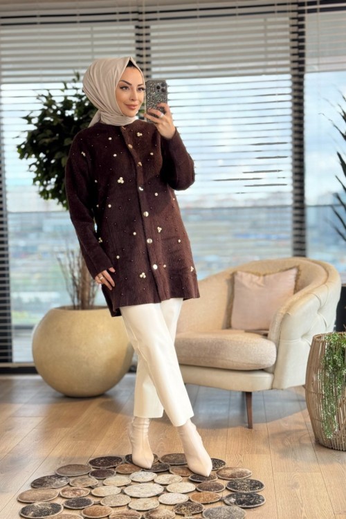 145120 Angora İnci Taş İşlemeli Hırka Kahve