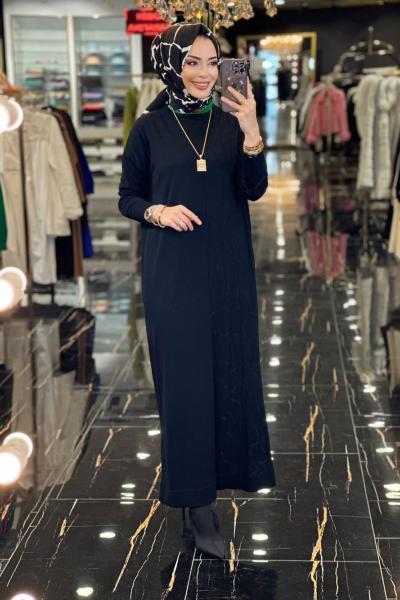 147 Örümcek Desen Triko Elbise Siyah