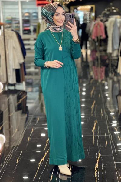 147 Örümcek Desen Triko Elbise Zümrüt