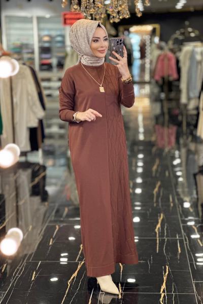 147 Örümcek Desen Triko Elbise Kahve