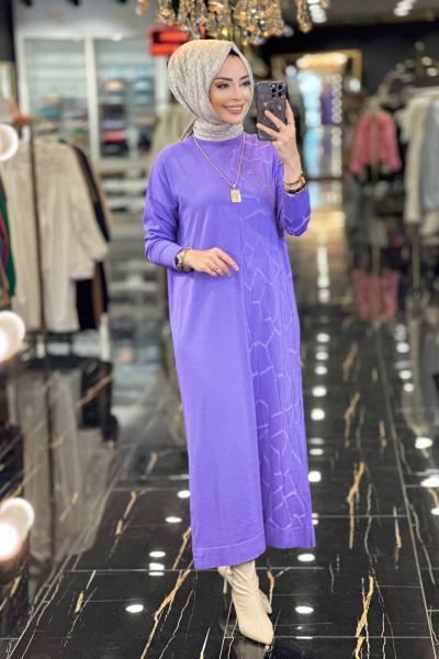 147 Örümcek Desen Triko Elbise Lila