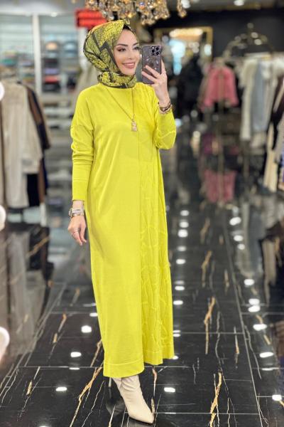 147 Örümcek Desen Triko Elbise Yağ Yeşili