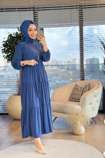 1471 Üç Boğumlu Kemerli Elbise İndigo