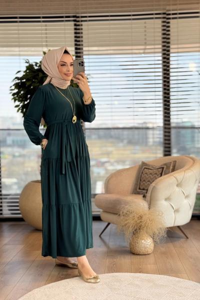 1471 Üç Boğumlu Kemerli Elbise Zümrüt