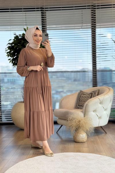 1471 Üç Boğumlu Kemerli Elbise Latte