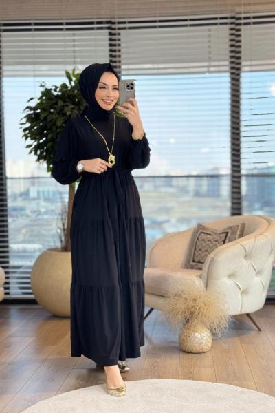 1471 Üç Boğumlu Kemerli Elbise Siyah