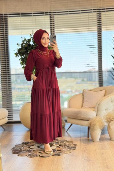1471 Üç Boğumlu Kemerli Elbise Bordo
