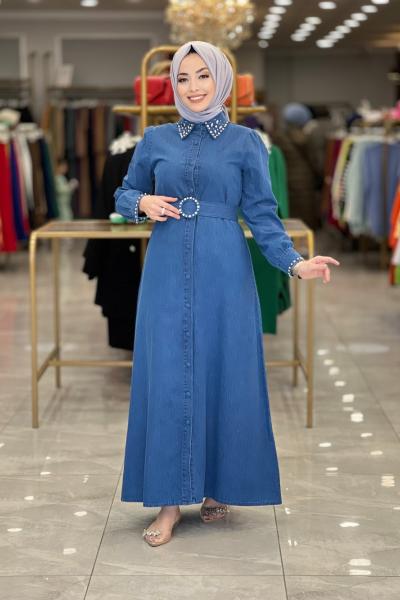 1477 Yaka Ve Kol Ucu Taş İşlemeli Kot Elbise Lacivert