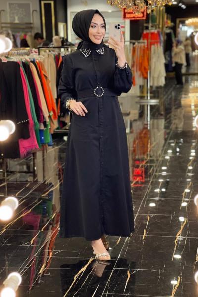 1477 Yaka Ve Kol Ucu Taş İşlemeli Kot Elbise Siyah