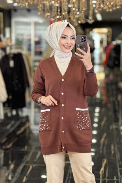 148 Cebi İnci İşli Hırka Kahve