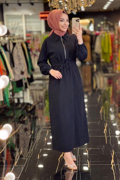 1480 Patı Fermuar Beli Bağcıklı Kot Elbise Siyah