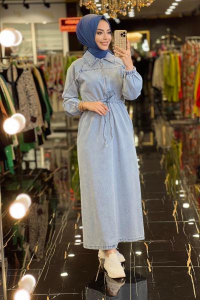 1480 Patı Fermuar Beli Bağcıklı Kot Elbise Mavi