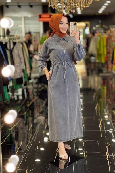 1480 Patı Fermuar Beli Bağcıklı Kot Elbise Antrasit