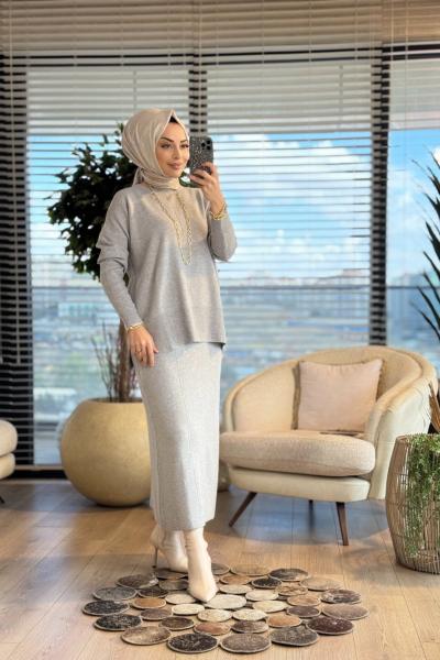 14900-1 Ön Tek Çizgili Triko Etekli Takım Gri
