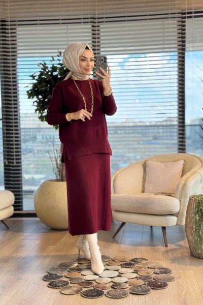 14900-1 Ön Tek Çizgili Triko Etekli Takım Mürdüm