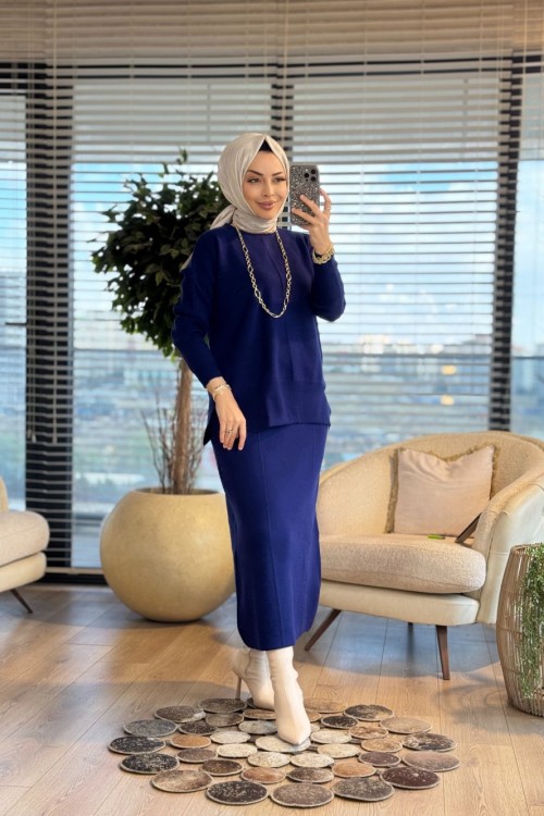 14900-1 Ön Tek Çizgili Triko Etekli Takım Lacivert