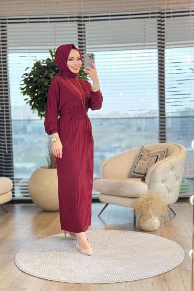 1505 Piliseli Kemerli Elbise Bordo