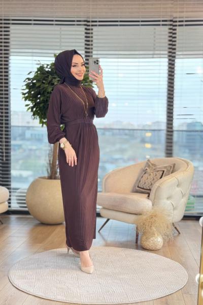 1505 Piliseli Kemerli Elbise Kahve