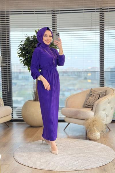 1505 Piliseli Kemerli Elbise Mor