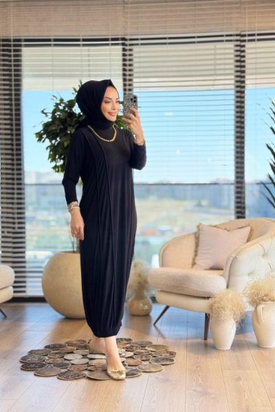 1509 Lina Önü Parçalı Elbise Siyah