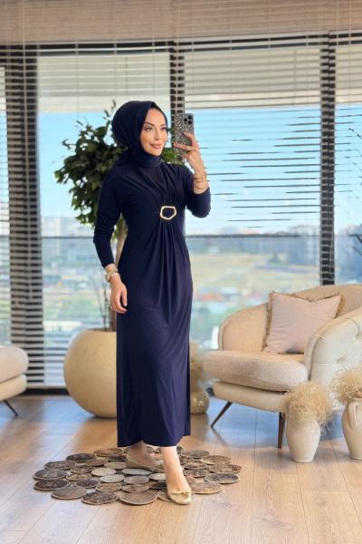 1510 Önü Toka Büzgülü Sandy Elbise Lacivert
