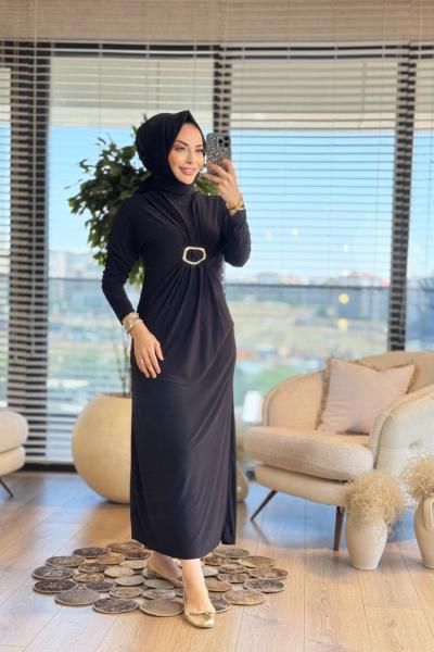 1510 Önü Toka Büzgülü Sandy Elbise Siyah