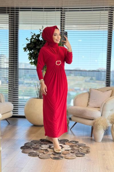 1510 Önü Toka Büzgülü Sandy Elbise Kırmızı