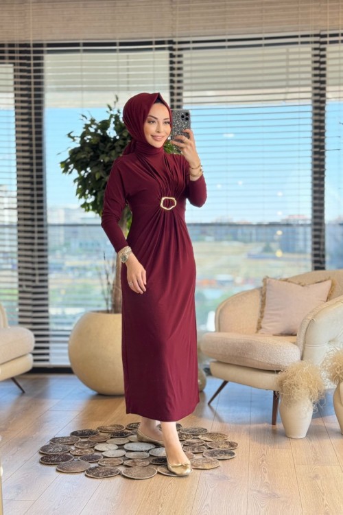 1510 Önü Toka Büzgülü Sandy Elbise Bordo