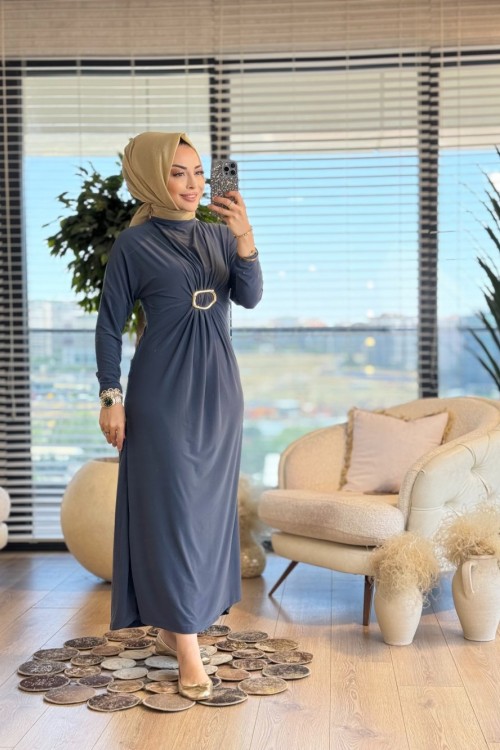 1510 Önü Toka Büzgülü Sandy Elbise Antrasit