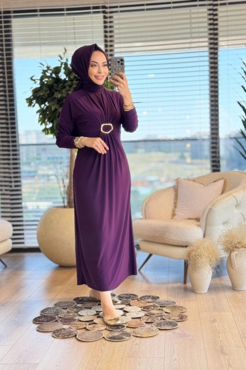 1510 Önü Toka Büzgülü Sandy Elbise Mürdüm