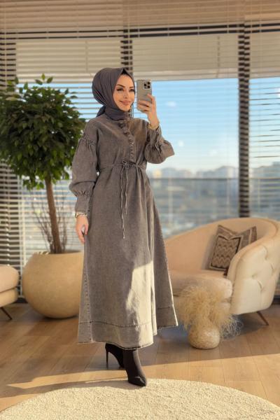 1511 Kot Patı Düğmeli Elbise Antrasit