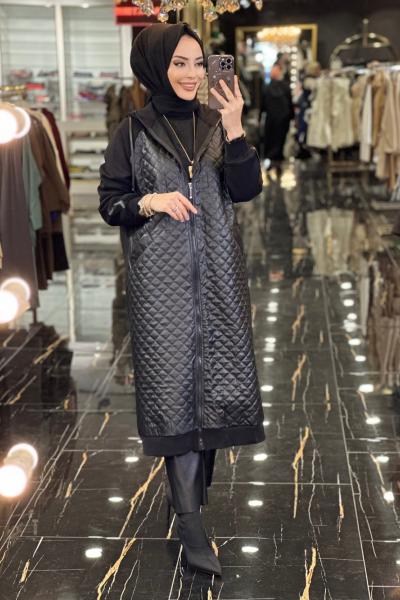 15134 Ön Deri Kapitone Kapşonlu Kap Siyah