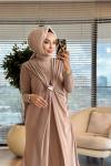 1515 Asil Pelerinli Tokalı Sandy Elbise Bej