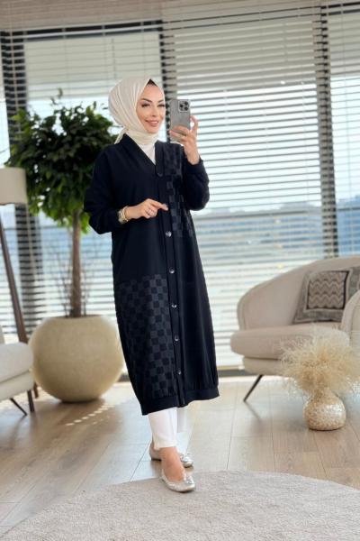15161 Ön Kare Desen V Yaka Uzun Hırka Siyah