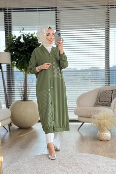 15161 Ön Kare Desen V Yaka Uzun Hırka Haki