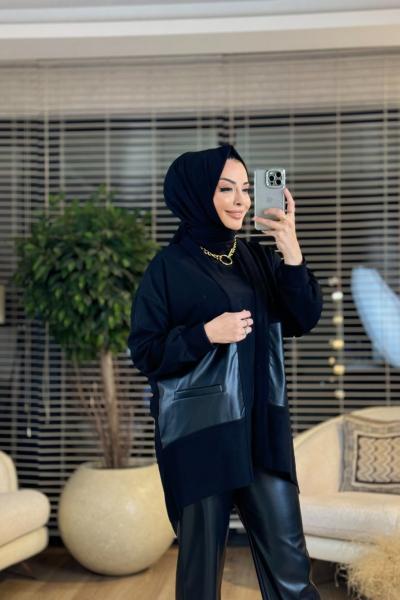 15176 Ortası Derili Hırka Siyah