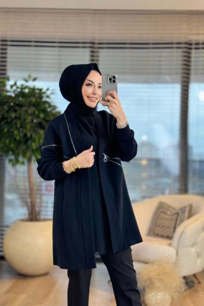 15182 Fermuar Detaylı Hırka Siyah