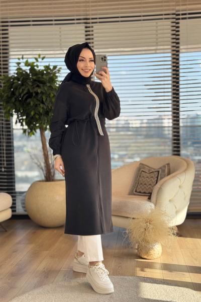 15198 Patı Şerit Ve Fermuar Detaylı Elbise Siyah