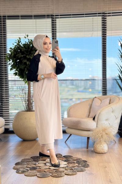 15200 İki Renkli Fermuarlı Kap Bej