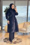 15229 Angora Yakası Kürklü Uzun Kaban Siyah