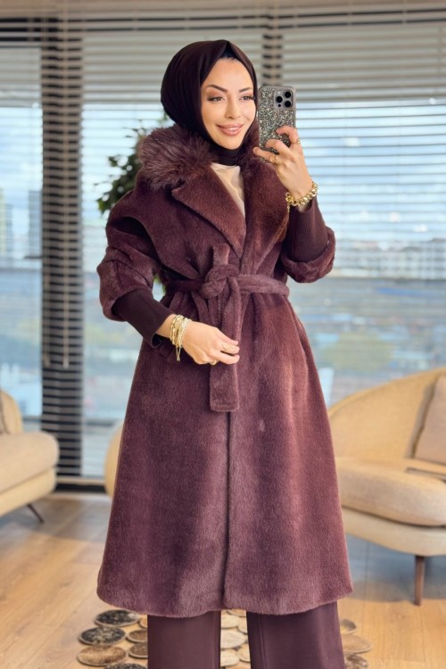 15229 Angora Yakası Kürklü Uzun Kaban Kahve