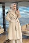 15229 Angora Yakası Kürklü Uzun Kaban Bej