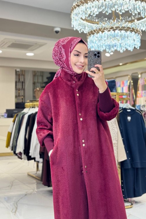 15230 Angora Patı Çıtçıtlı Kaban Bordo
