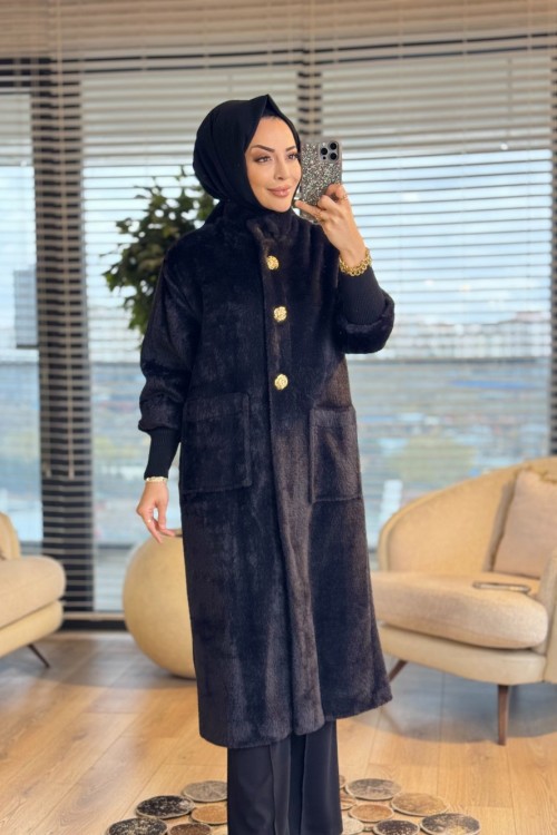 15231 Angora Uzun Patı Metal Düğmeli Kaban Siyah
