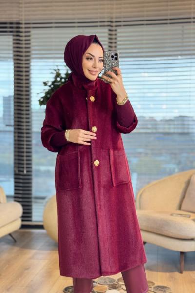 15231 Angora Uzun Patı Metal Düğmeli Kaban Bordo