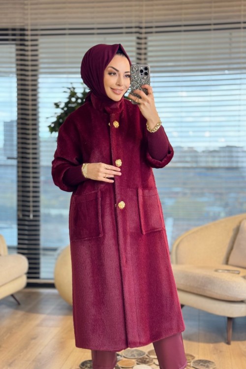 15231 Angora Uzun Patı Metal Düğmeli Kaban Bordo